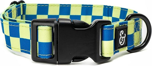 Lucy & Co. Have a Nice Day Dog Collar - Durable Lightweight Designer Collar for Pets - Adjustable Metal Safety Buckle - Lime Green Blue Checker - Medium