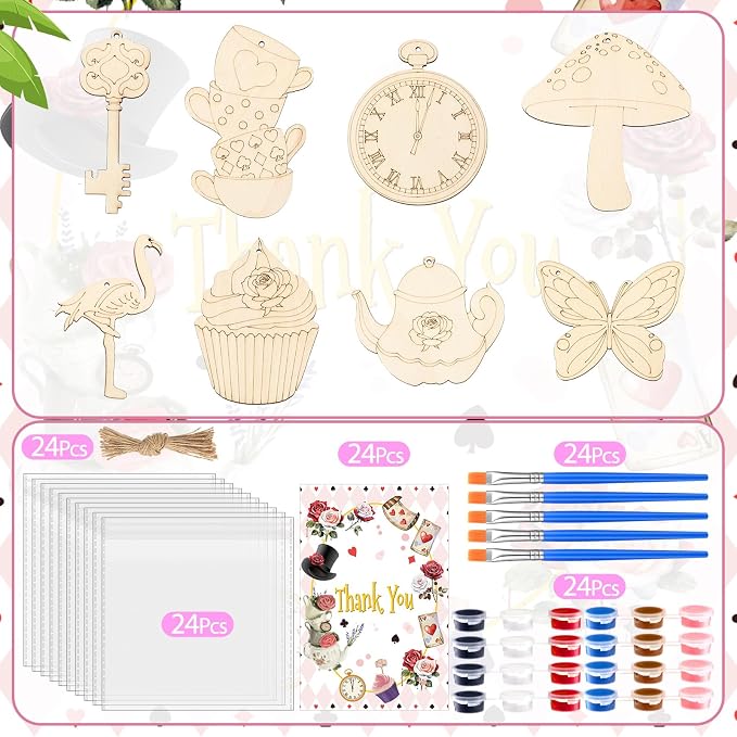 Saypacck 24 Pcs Wonderland Party Favors Wooden Paint Craft Kits | 8 Unicorn Butterfly Designs, Paint Colors Included, Goodie Bags Fillers Wonderland Decorations Fairy Wands Theme Crafts