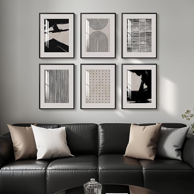 Framed Black and White Abstract Wall Art, 6 Pieces Modern Prints Paintings