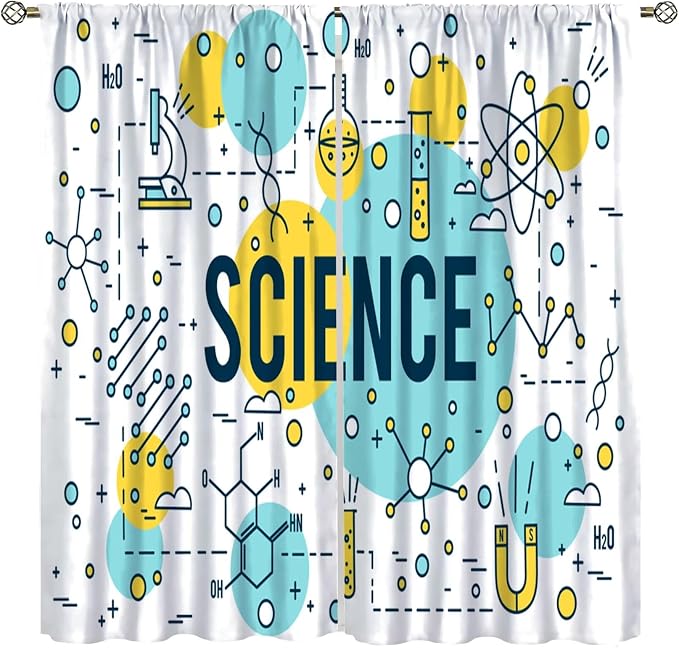 Science Window Curtains, Chemistry Chemical Science Pharmacy Research Room Darkening Door Window Rod Pocket Curtain for Girls Boys Kids Bedroom Study Room Classroom Set 2 Panels,42x45 Inches, Style-5