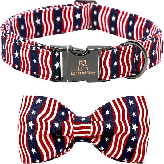 Lionheart glory American Flag Dog Collar, 4 of July Dog Bow Collar Heavy Duty Adjustable Patriotic Dog Collar with Bowtie for Medium Dogs Pet Gift