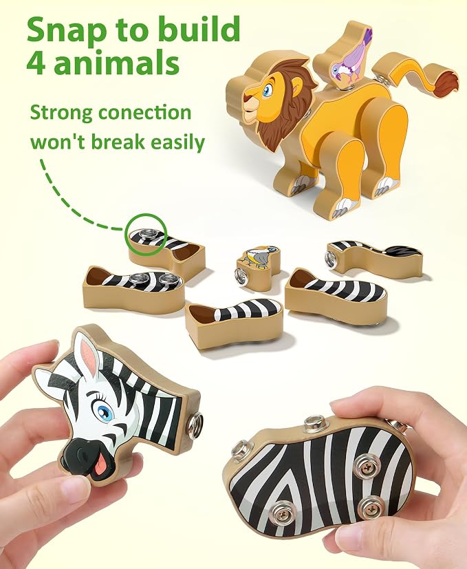 Coogam Wooden Snap Together Building Toy, Take Apart Construction Builders, Assembly Animal Building Blocks, STEM Fine Motor Learning Toy Gift for 3 4 5 Years Old Kids
