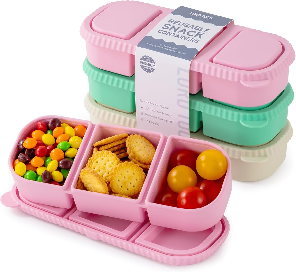 3Pack Silicone Reusable Snack Containers for Kids - 14 oz 3 Compartment Small Snackle Box with Lids for Lunch & Sauce, Food Storage for School, Travel, Work