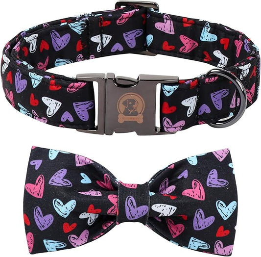 Valentines' Black Dog Collar with Bowtie, Cute Red Heart Pattern Durable Pet Collar with Metal Buckle, Adjustable Puppy Collar for Small Medium Large Dog