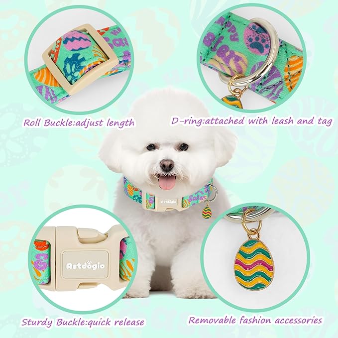 Easter Dog Collar for Small Dogs, Adjustable Green Small Dog Collar with Colorful Eggs Pattern, Cute Easter Dog Collars Girl Boy Collar for Dogs -S