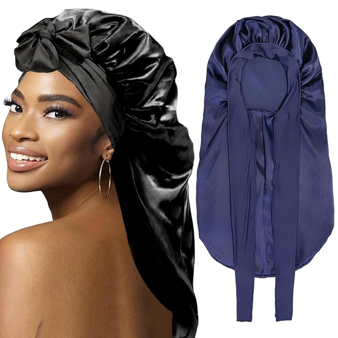 2Pcs Bonnets for Black Women Braid Bonnet, Large Long Satin Bonnet for Braids, Silk Bonnet with Stretchy Tie Band Sleep Cap Hair (2Pcs-Black&Dark Blue)
