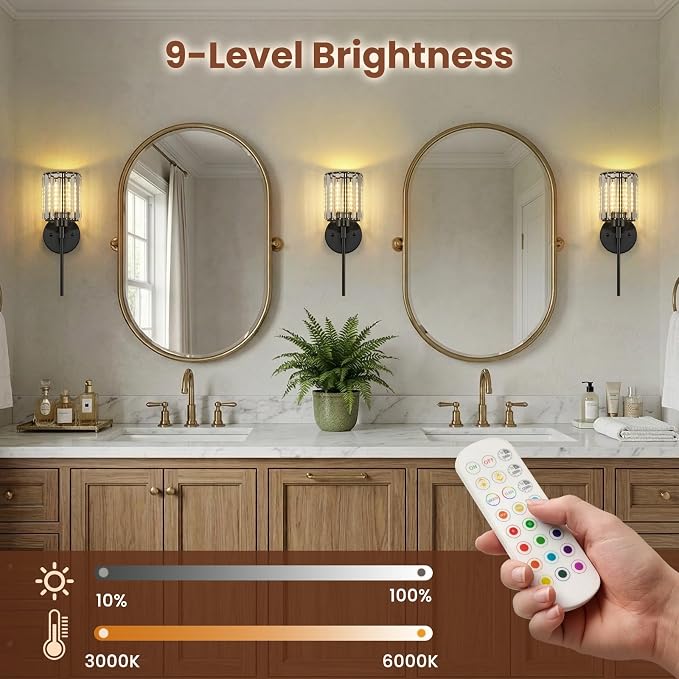 Crystal Battery Operated Wall Sconces, 12 Colors and 3CCT Dimmable Crystal Wall