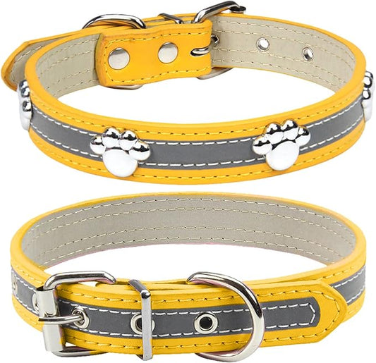 PETCARE Reflective Dog Collar with Cute Paw Rivet Studded Funny Soft PU Leather Adjustable Puppy Dog Collars for Small Medium Large Dogs Cats (Yellow,Medium)