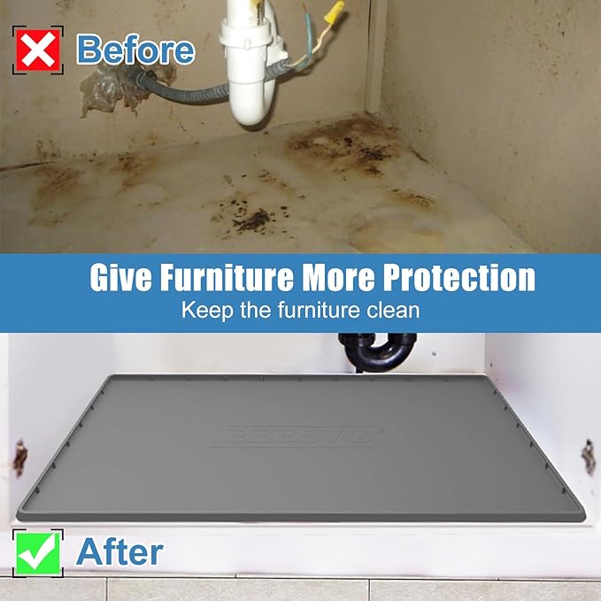 Under Sink Mat for Kitchen Waterproof, 40" x 19" Silicone Under Sink Liner Kitchen & Bathroom Cabinet Protector Mats, Heavy Duty Flexible Under Sink Drip Tray with Lip, Cool Grey