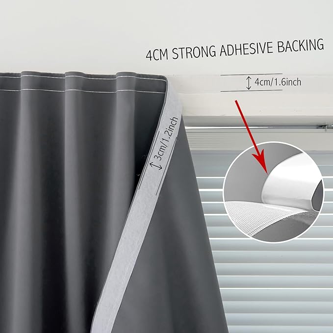 Magic Tape Stick On Curtains Window Shades Pull Down Blackout Window Cover Blackout Curtains for Bedroom No Drillng Self Adhesive Curtains No Rod Small Curtain, 47" W X 59" L, Grey, 1 Panel