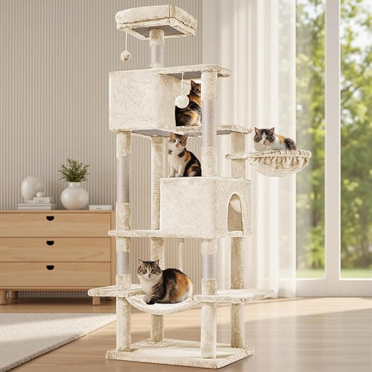 Large Cat Tree 66 Inch, Multi-Level Tall Cat Tree Tower with Condo, Perches, Sisal Scratching Posts and Hammock, Pet Play House with Dangling Balls for Indoor Cats, Beige