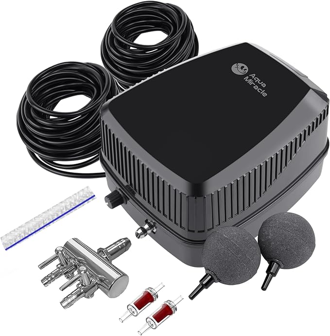 AquaMiracle All-in-One Koi Pond Aerator for Outdoor Ponds up to 1500 Gallons, Pond Air Pump Pond Aeration System with 2-Outlet Manifold Airline Tubing Air Stones Check Valves
