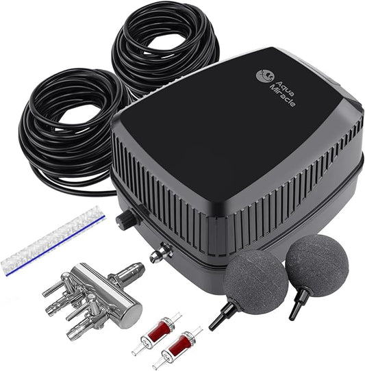 AquaMiracle All-in-One Koi Pond Aerator for Outdoor Ponds up to 1500 Gallons, Pond Air Pump Pond Aeration System with 2-Outlet Manifold Airline Tubing Air Stones Check Valves