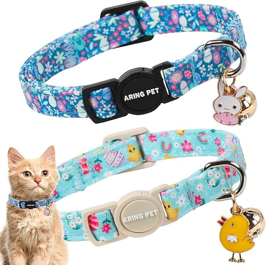 ARING PET 2 Pack Easter Dog Cat Collars, Cute Breakaway Kitten Small Easter Egg Rabbit Chick Collars with Bells for Girl Boy Cats-Blue & Mint Green