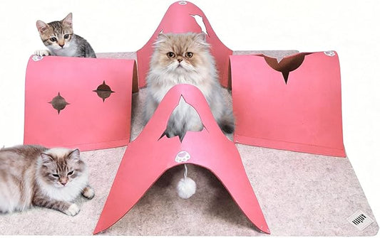 Interactive Cat Tunnel Mat for Indoor Cats, 4-Way Felt Cat Cave with Hanging Ball, Foldable Kitty Play Mat and Hideout, Pet Enrichment Toy for Kittens Rabbits Small Pets, Pink