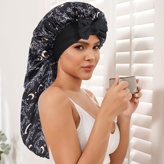 AWAYTR Long Satin Bonnet for Braids - Elastic Silk Hair Bonnets for Sleeping Night Cap Stretchy Tie Band for Women(Star and Moon)