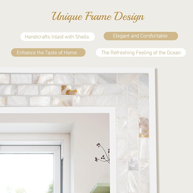 Mosaic Mirrors for Wall 20x28 Inch, Natural Mother of Pearl Inlay White Framed