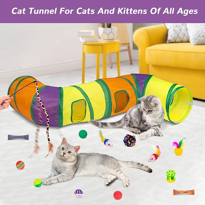 Retro Shaw Cat Toys Pack with Tunnels, Interactive Kitten Toys for Indoor Cats Kitty, Kitten Tube Tent Feather Wand Teaser Bell Fuzzy Ball Crinkly Springs Mouse (33 Pcs Large Cat Tunnel Toys Set)