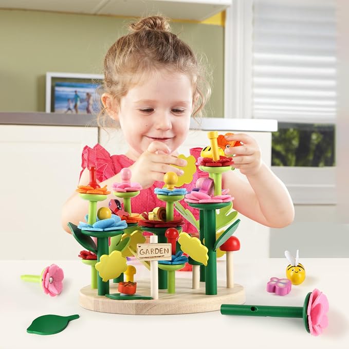 Wooden Flower Garden Building Toys for Kids, STEM Educational Activity Preschool Kit Gift for Boys Girls Age 3 4 5 6 7 Years Old, Stacking Game for Toddlers Build a Bouquet Spring Gifts