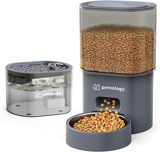 All-in-One Automatic Cat Feeder and Water Fountain, 3L Programmable Timed Dry Food Dispenser with Anti-Clog Design, 2.5L Quiet Cat Fountain for Drinking with Filter, Combo for Small Pets