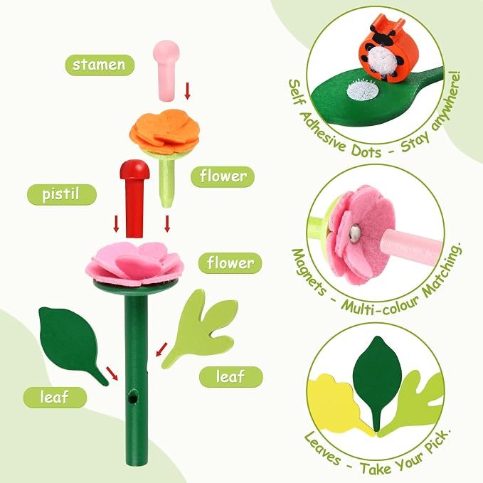 Wooden Flower Garden Building Toys for Kids, STEM Educational Activity Preschool Kit Gift for Boys Girls Age 3 4 5 6 7 Years Old, Stacking Game for Toddlers Build a Bouquet Spring Gifts
