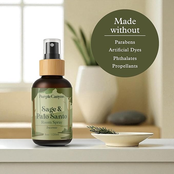 Purple Canyon Sage & Palo Santo Room Spray — 4 oz Natural Linen & Room Freshener — Earthy, Herbal & Woody Fragrance Mist — Cleanse & Refresh Home Atmosphere — Premium Natural Fragrance Oils