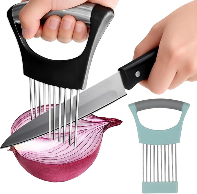 2 PCS Onion Holder for Slicing, Stainless Steel Vegetable Fruit Cutter Chopper, Multi-use Kitchen Slicer Assistant Tool for Onion Tomato Avocado Potato Egg Lemon Meat, Blue & Black