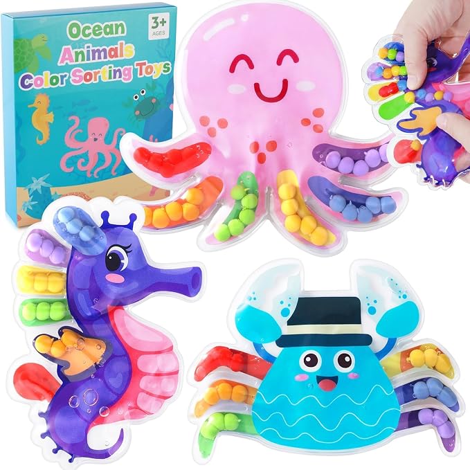 3Pack Color Sorting Toys Sensory Toys : Fine Motor Skill Games Learning for Toddlers, Color Matching Fidget Sensory for Calm Down, Preschool Learning & Educational Montessori (Sea Animals 3pack)