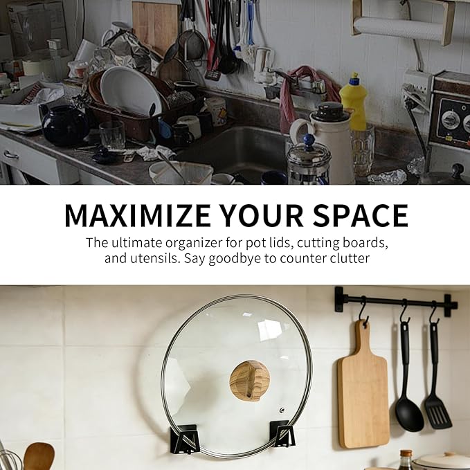 Pot Lid Holders Organizer Wall-Mounted Hook Rack Holder Organizers Inside Cabinet Door Wall Mount Pots Top Holder for Kitchen Cupboard Bedroom Living Room (8, Black)