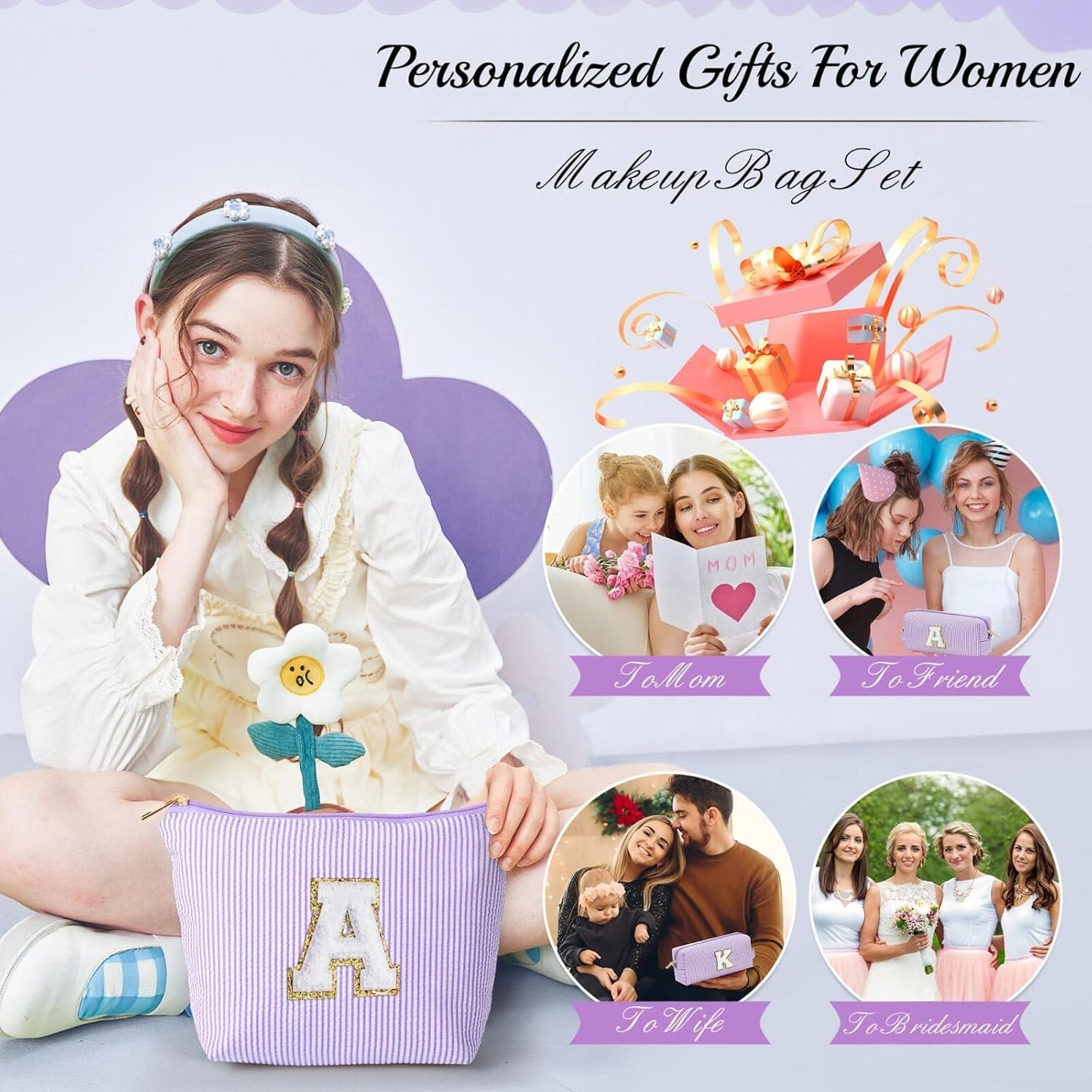 YOOLIFE Mothers Day Gifts Preppy Stuff Tween Girls Gifts Graduation Teacher Gifts Monogram Makeup Pouch Makeup Organizer Bag Beauty Bag Personalized Birthday Gifts for Women Her Preppy Makeup Bag S