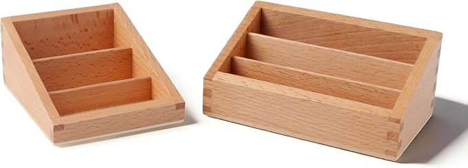 Montessori Three Part Box 2pcs– Solid Beechwood 3-Compartment Storage Tray for Language Cards, Classification & Organization, Montessori Classroom Homeschool Materials for kids