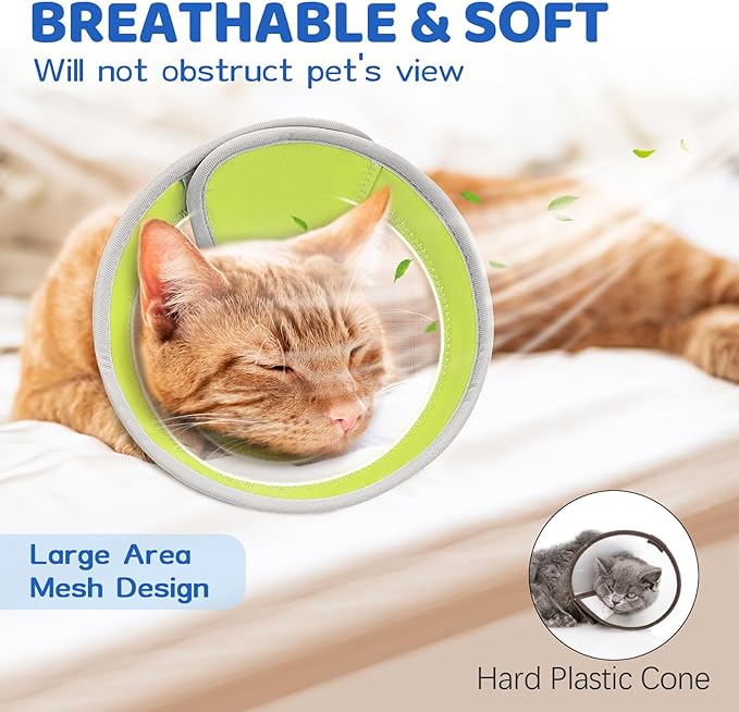 Breathable Air Mesh Cat Cone Collar Soft to Stop Licking, Adjustable, Foldable Lightweight Kitten Cones After Surgery Recovery for Cats & Kittens (Yellow Green,L)
