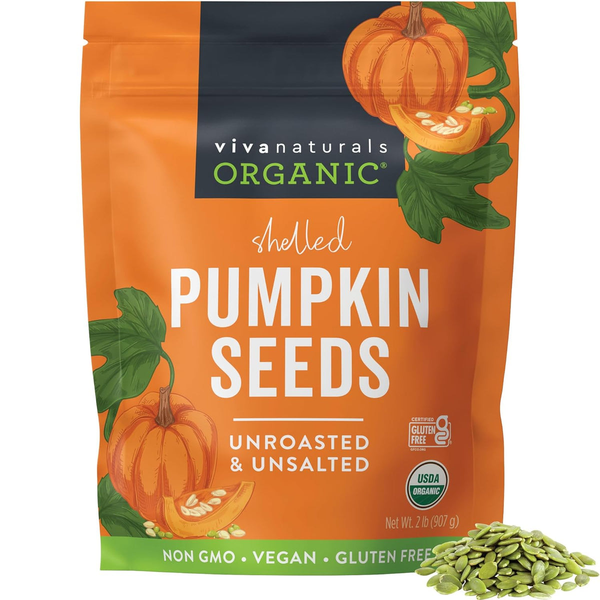 Viva Naturals Organic Pumpkin Seeds, 2 lb (32 oz, 907 g) – Shelled, Unroasted, Unsalted, Non-GMO, Vegan, Good Source of Iron & Dietary Fiber, Perfect for Salads