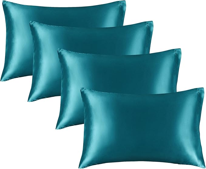 BEDELITE Satin Pillowcase for Hair and Skin, Super Soft Similar to Silk Pillow Cases 4 Pack with Envelope Closure, Cooling Pillowcases for Women Men (20"x26" Standard Size, Teal)