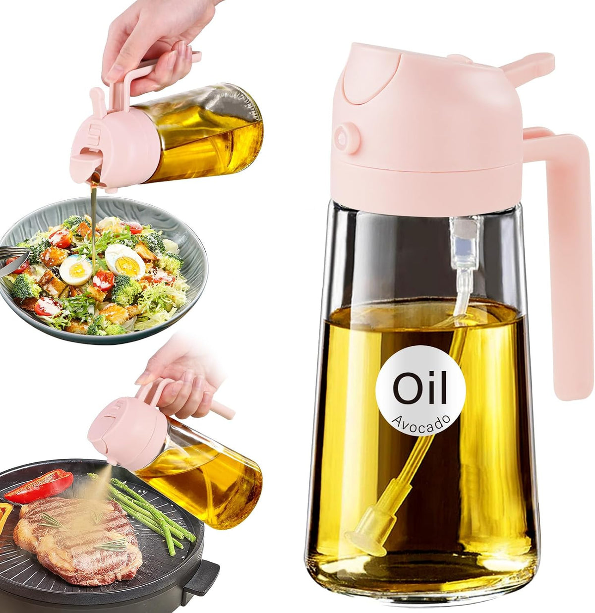 YARRAMATE 16oz/470ml Glass Olive Oil Sprayer for Cooking with Stickers, 2 in 1 Oil Dispenser for Kitchen Gadgets, Food Grade Premium Spray Bottle with Portion Control for Salad, Frying, BBQ (Black)