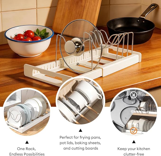 Pot and Pan Organizer Rack for Cabinet - Expandable 12" to 22" Kitchen Cabinet Organizer with 7 Dividers, Heavy-Duty ABS Base for Lids, Cutting Boards, Bakeware, Cookware Storage, Grey