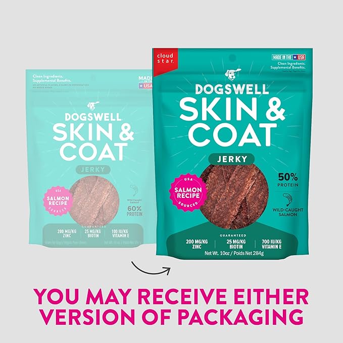 Dogswell Skin & Coat Jerky Dog Treats, Salmon, 10 oz. Bag