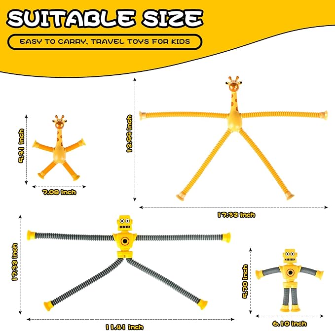 8pc Robot Giraffe Sensory Travel Toys for Toddlers Boy Ages 3 4 5 6 7 8, Airplane Activities Suction Autism Pop Tube Fidget Autistic Stocking Easter Basket Stuffer Valentine Gift for Kids