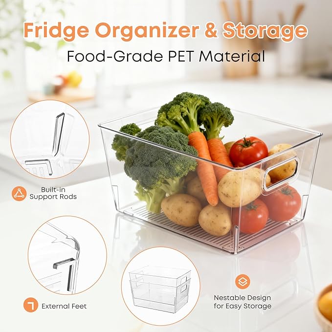MOONEDGE 8 Pack Clear Plastic Storage Bins, 12 x 8 x 6in Stackable Pantry Organizer Cabinet Containers for Under-Sink Storage, Kitchen, Fridge, Bathroom and Home Organization