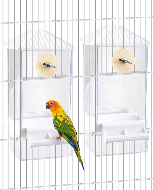 Hamiledyi Automatic Bird Feeder 2 Pcs No Mess Bird Cage Feeder Seed Food Container with Perch Transparent Parrot Cage Accessories for Parakeets, Budgies, Cockatoos, Finches, Lovebirds (White)