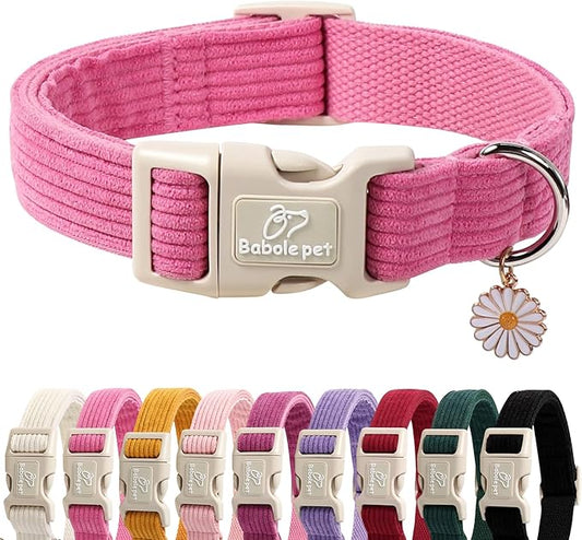 Cute Corduroy Dog Collar - Deep Rose Adjustable Dog Collars for X-Small Dogs 4-10lbs, Fade-Proof with Secure Snap & Little Charm, Christmas Birthday Gift, XS
