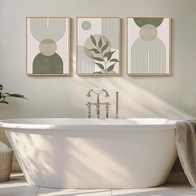 Framed Sage Green Boho Wall Art Bedroom, 3 Piece Beige Bohemian Canvas