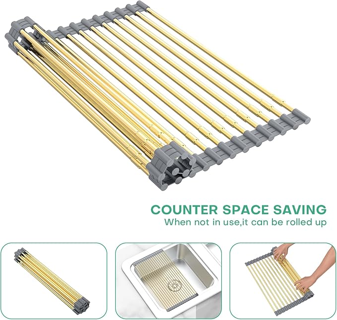 Large Expandable Roll Up Dish Drying Rack, Heat-Resistant Dish Drainer for Stainless Steel Sinks, Over The Sink Non-Slip Silicone Rollable Dish Drainer Roll Rack 18 Tube Gray Silicone & Gold Tube