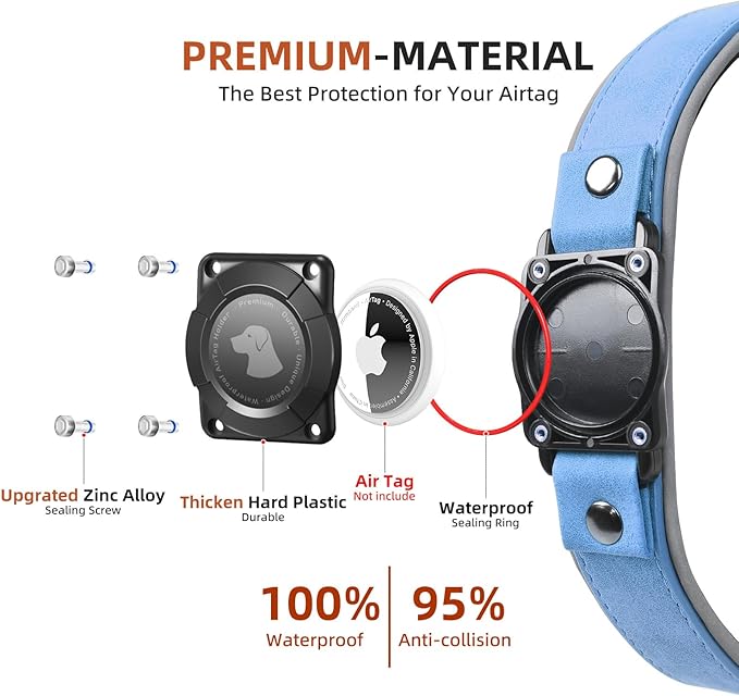 AirTag Dog Collar - Leather Dog Collar with Air Tag Holder | IPX8 Waterproof, Reflective, High - End, Adjustable Soft Padded | Dog GPS Tracker Collars Fit for Medium Large Dogs (Blue, XL)