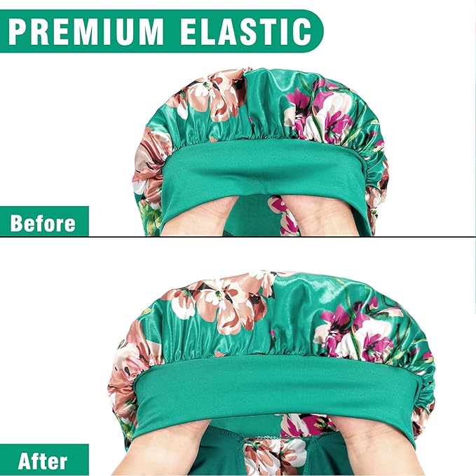2Pcs Bonnets for Black Women Braid Bonnet, Large Long Satin Bonnet for Braids, Silk Bonnet with Stretchy Tie Band Sleep Cap Hair (2Pcs-Black&Printing Flower)