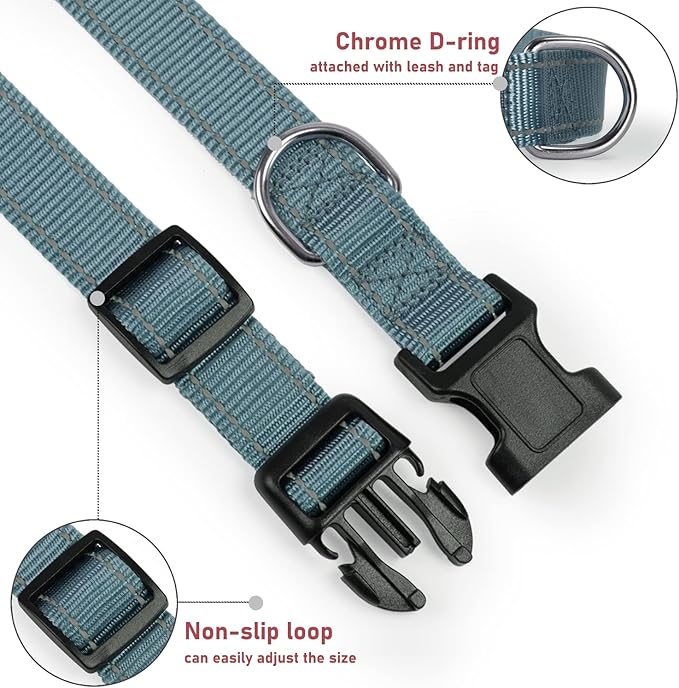 Reflective Dog Collar with Buckle Adjustable Safety Nylon Collars for Small Medium Large Dogs, Grey L