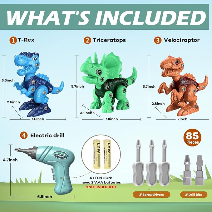 Take-Apart Dinosaur Toys for Boy 4-6: 85 Piece 3 Pack Dino & Electric Drill | Easy-to-Use Construction Building Set for Little Hands - STEM Educational Toy & Gifts for Kids Birthday Christmas