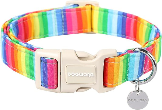 DOGWONG Cotton Dog Collar, Rainbow Dog Collar Durable Soft Natural Fabric Pet Dog Collar Cute LGBTQ Puppy Necklace for Small Medium Large Dogs