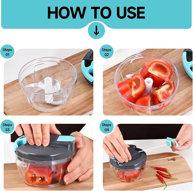 Manual Food Processor Vegetable Chopper, Portable Hand Pull String Garlic Mincer Onion Cutter for Veggies, Ginger, Fruits, Nuts, Herbs, etc., 500ml,（Gray-blue）