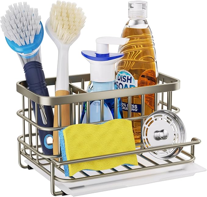 HapiRm Kitchen Sink Caddy Organizer - Versatile Sponge Holder with Drain Tray, SUS304 Stainless Steel Rustproof Kitchen Sink Organizer Storage for Countertop- Brushed Nickel